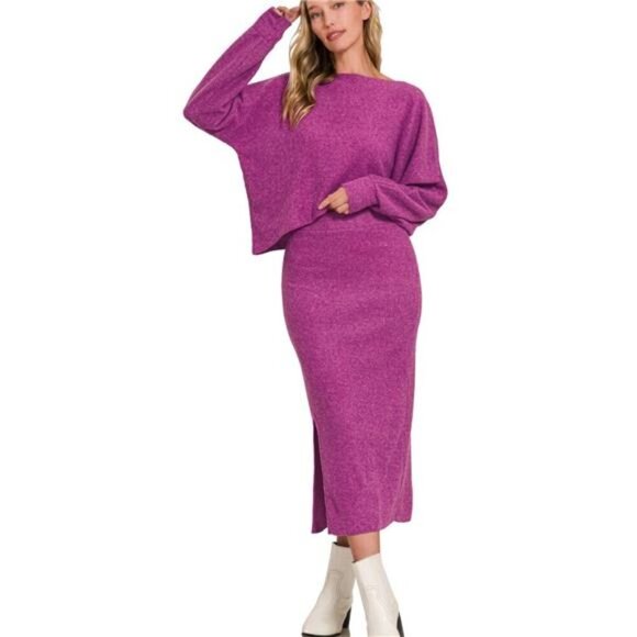 Zenana Ribbed Asymmetric Hem and Sleeve Top & Skirt Set - Picture 2 of 8